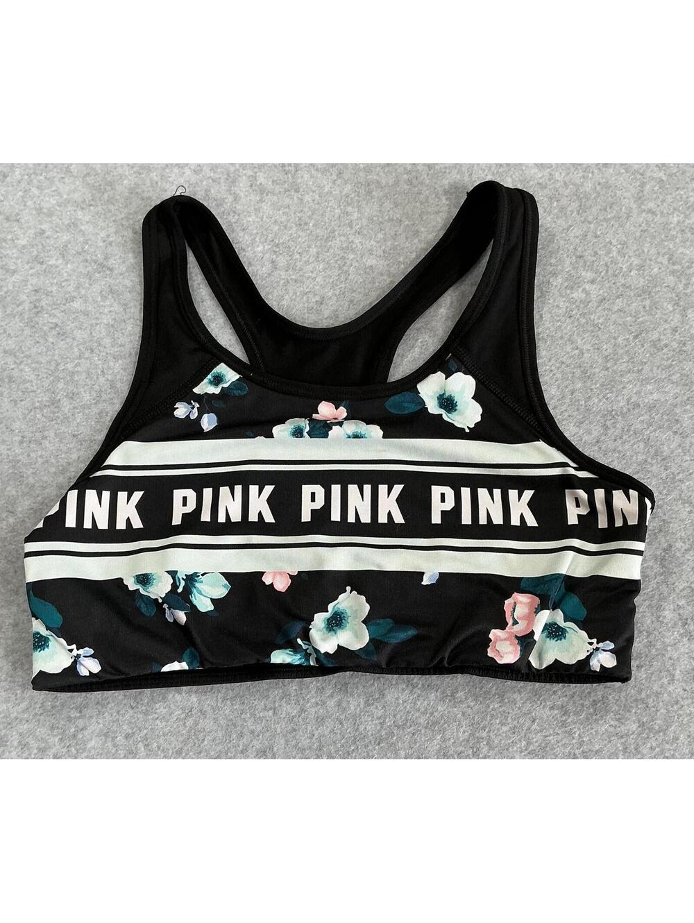 PINK Victoria’s Secret Floral Sports Bra Black Racerback Medium Support
